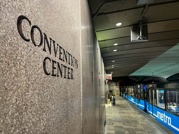 A train stops in Convention Center MetroLink Station